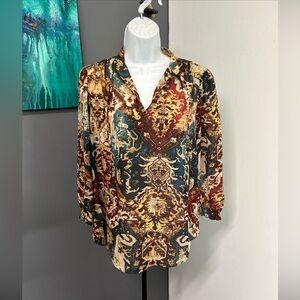 Chaps Women’s Small Popover Blouse Keyhole Tie Neck‎ Semi Sheer Colorful Preppy